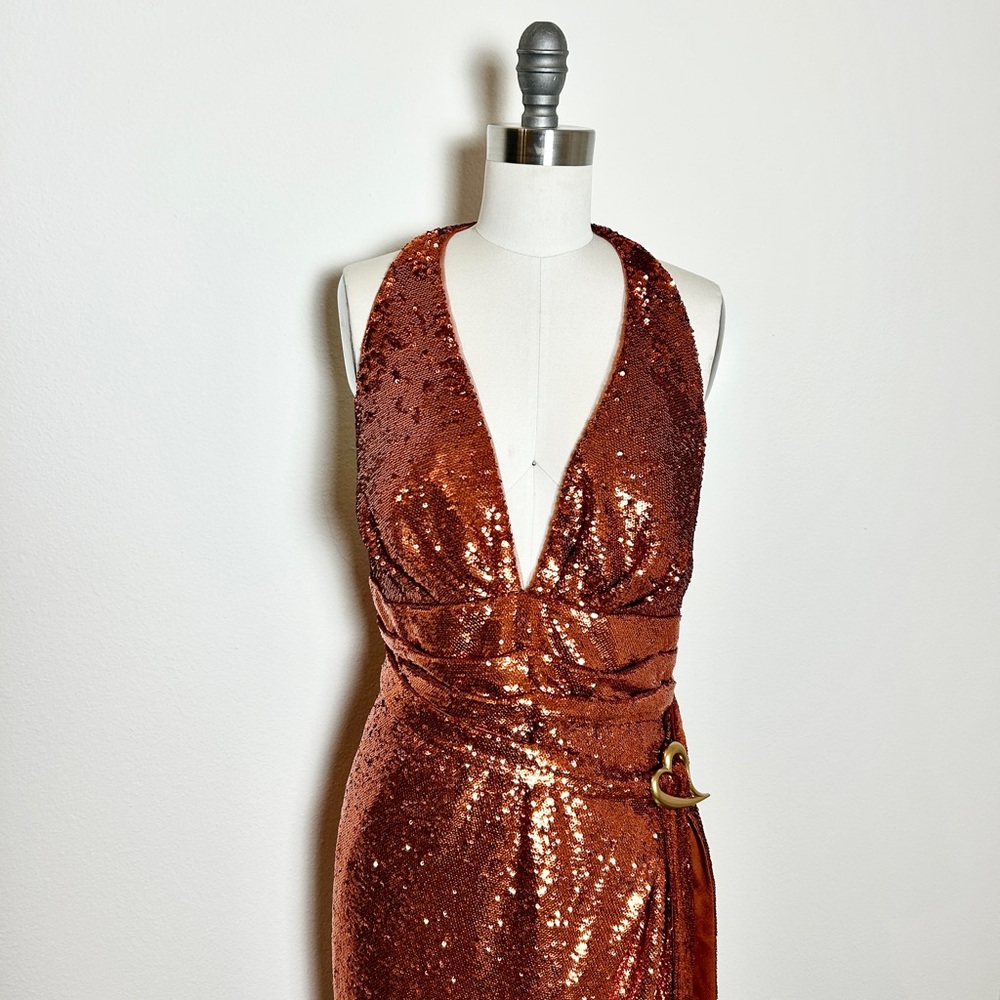 NWT Halston Copper Sequin Halter V Gown Dress Heart Buckle Sleeveless Size 14 - Picture 1 of 13